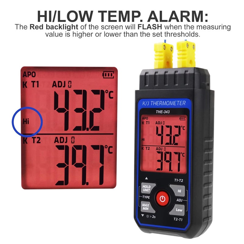 DANOPLUS Thermocouple Thermometer Digital K Type Thermometer with 4 Thermocouples, -328~2500℉ Measuring Range HVAC Dual Channels Temperature Meter Gauge with LED Backlight & ADJ Compensation - Image 4